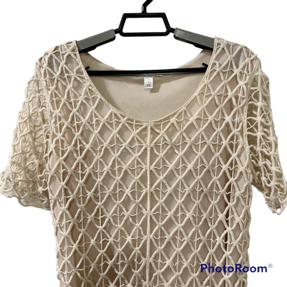 Dressbarn Womens Cotton Ivory Scoop Neck Short Sleeve Top Size Large